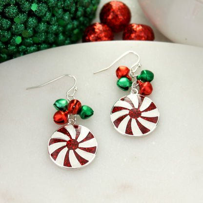 Peppermint Jingle Bell Christmas Earrings