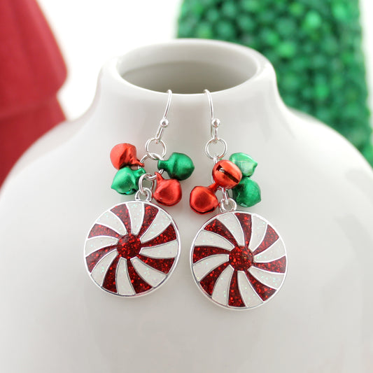 Peppermint Jingle Bell Christmas Earrings