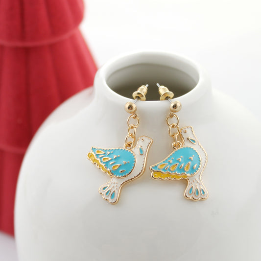 12 Days of Christmas Gold & Enamel Earrings - Turtle Doves