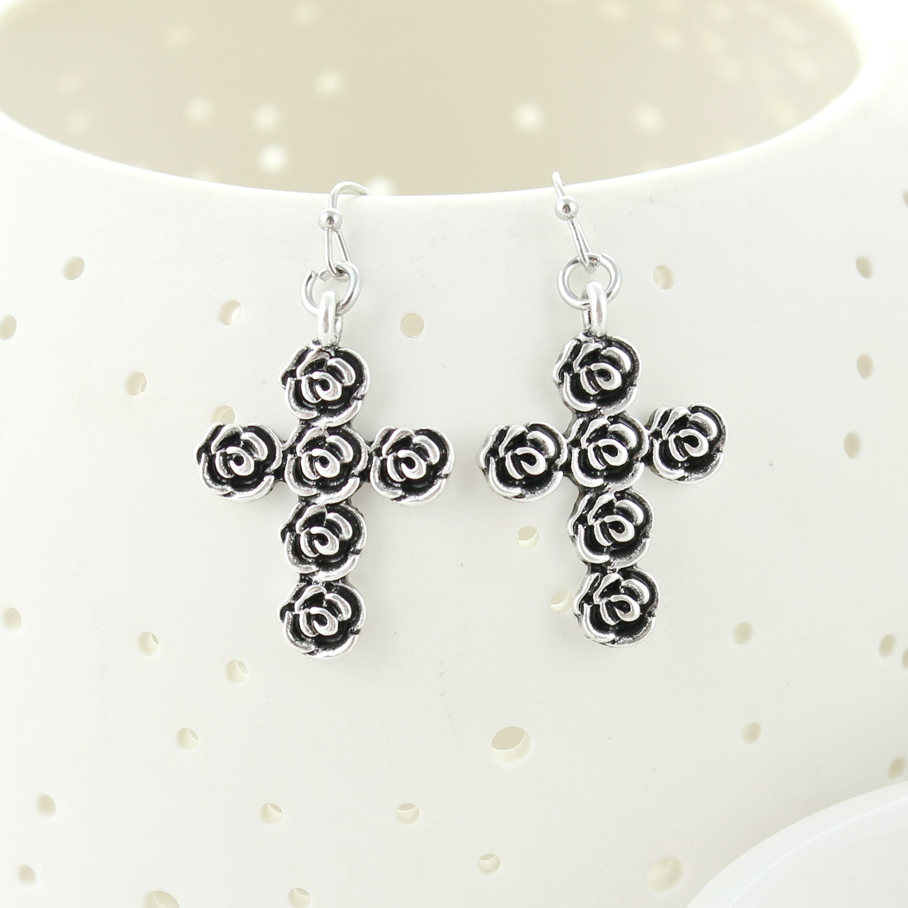 Silver Rose Cross Earrings