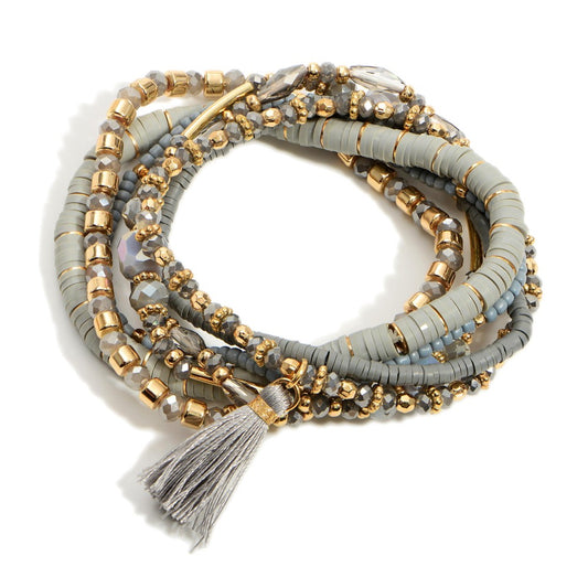 Gray Heishi Beaded Stretch Bracelet with Tassel - Fan Sparkle