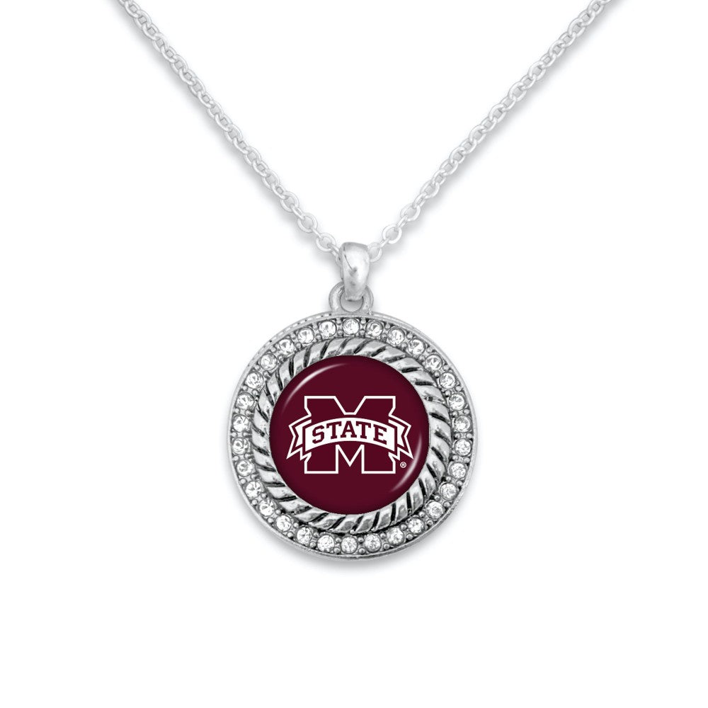 Mississippi State Silver Braided Rhinestone Logo Necklace - Fan Sparkle