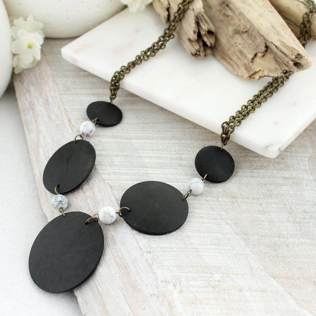 24” Dark Wood Circle & Marble Stone Bead Necklace