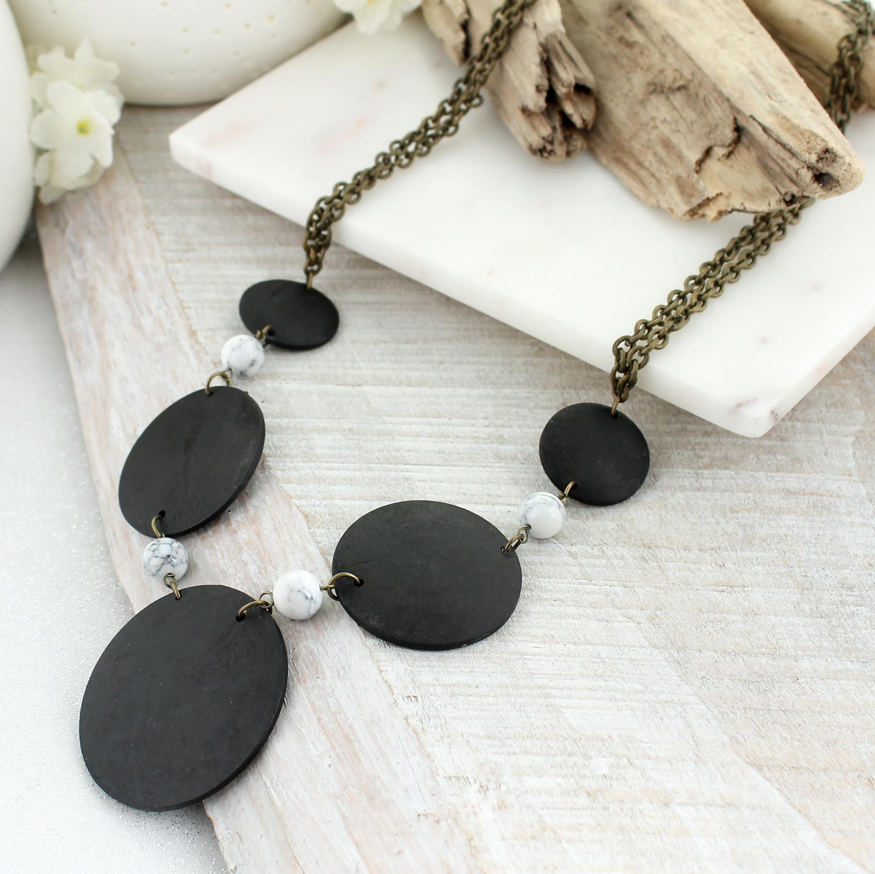24” Dark Wood Circle & Marble Stone Bead Necklace