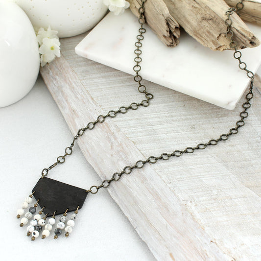 36” Dark Wood & Gray Stone Bead Necklace