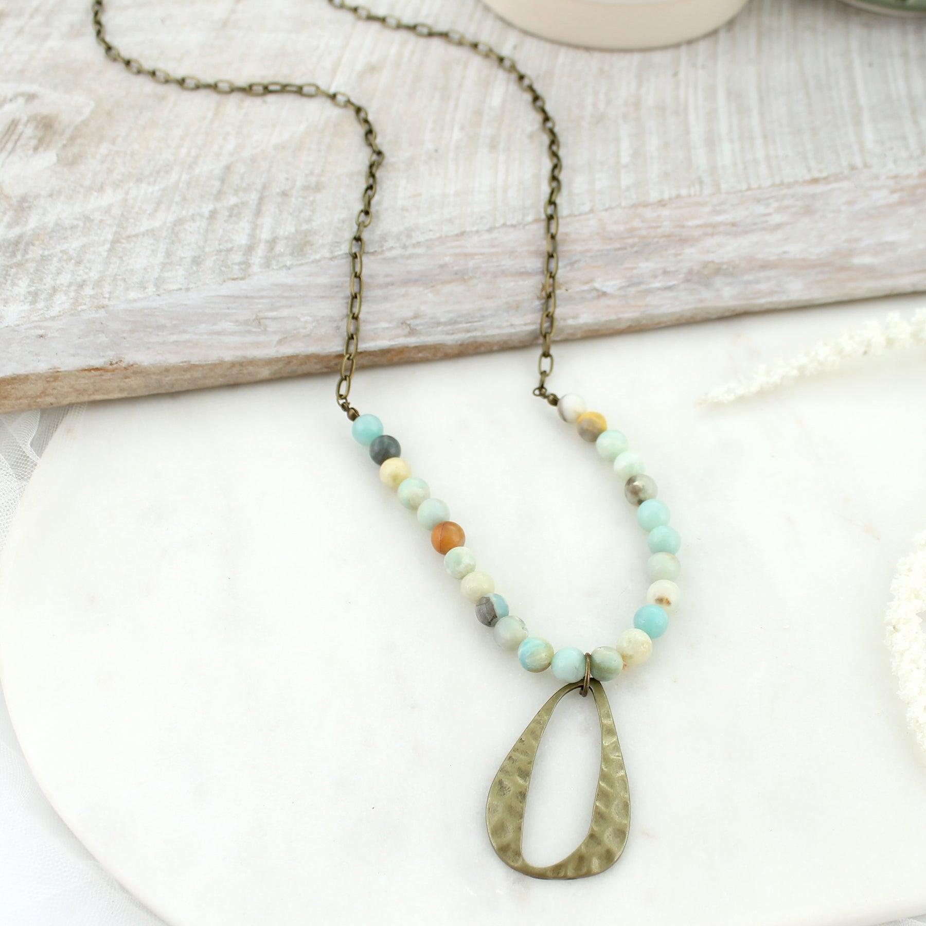 36” Hammered Oval & Stone Bead Necklace