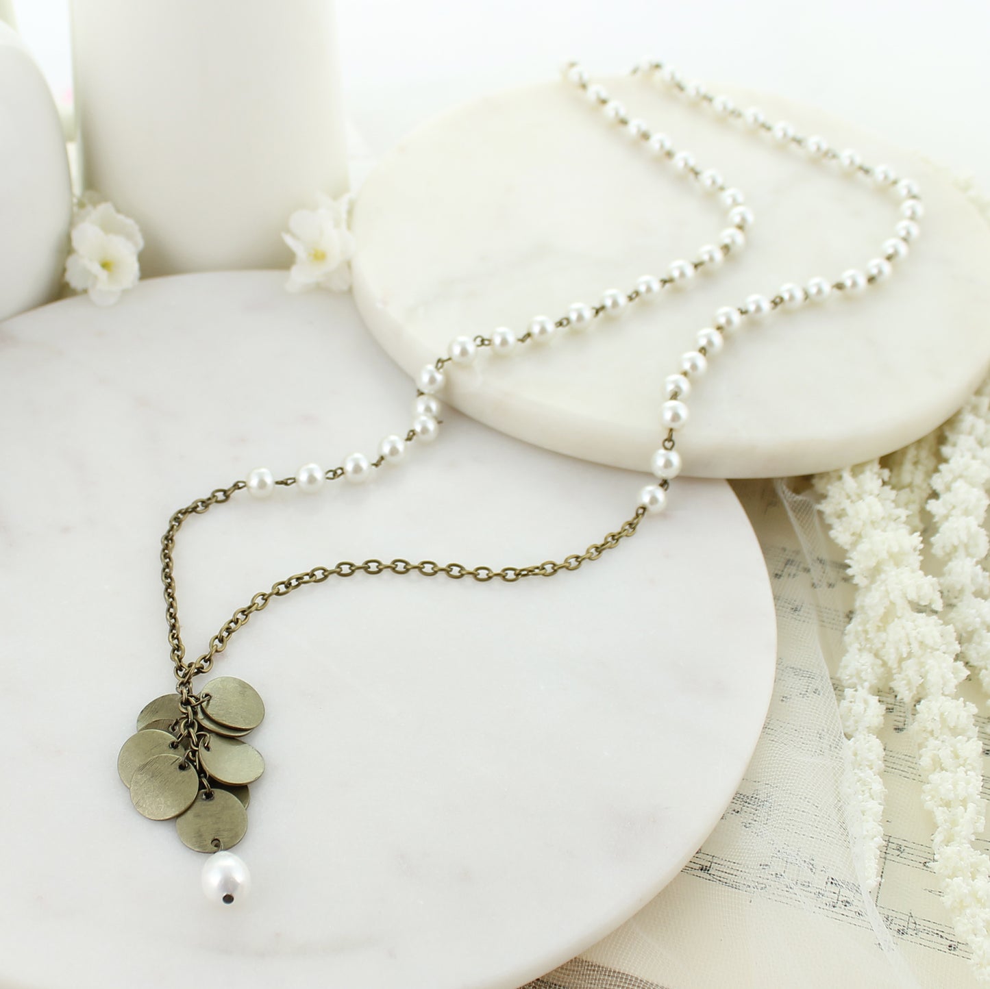 35” Freshwater Pearl & Disc Cluster Necklace