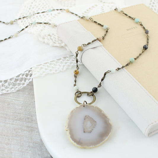 34” Vintage Style, Stone & Agate Necklace