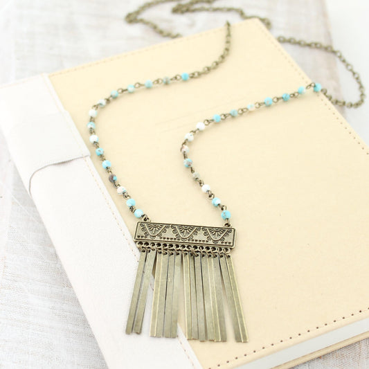 36” Vintage & Stone Necklace w/ Aztec Fringe Pendant