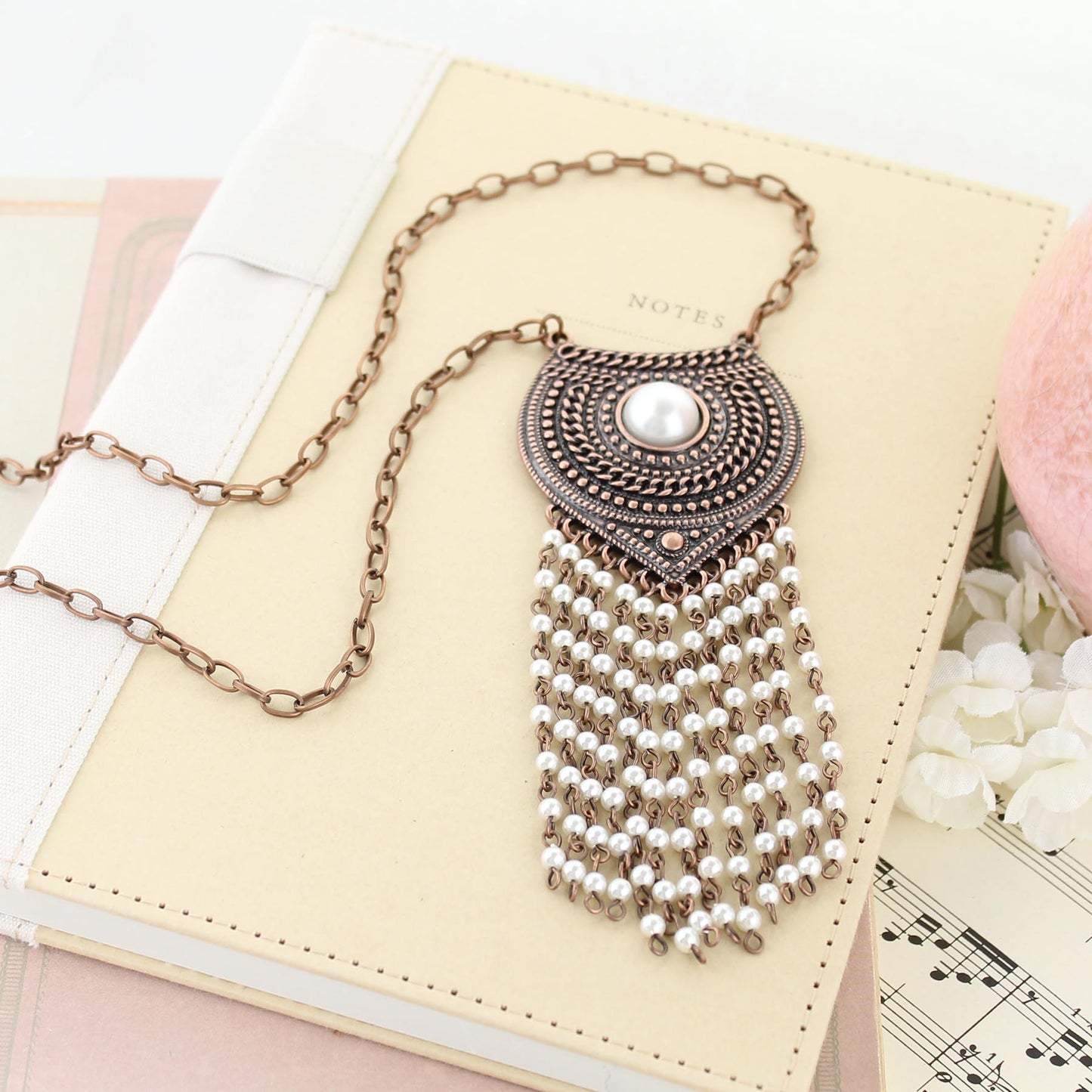 34” Copper Shield Necklace w/ Pearl Tassel