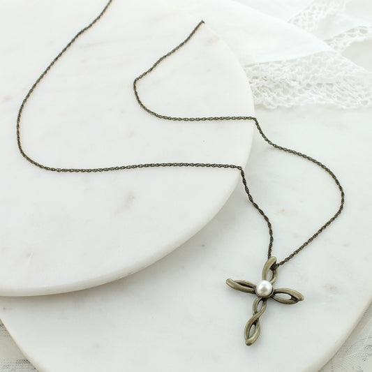 34” Pearl & Twisty Cross Necklace