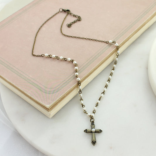 16 - 18” Pearl & Cross Short Necklace