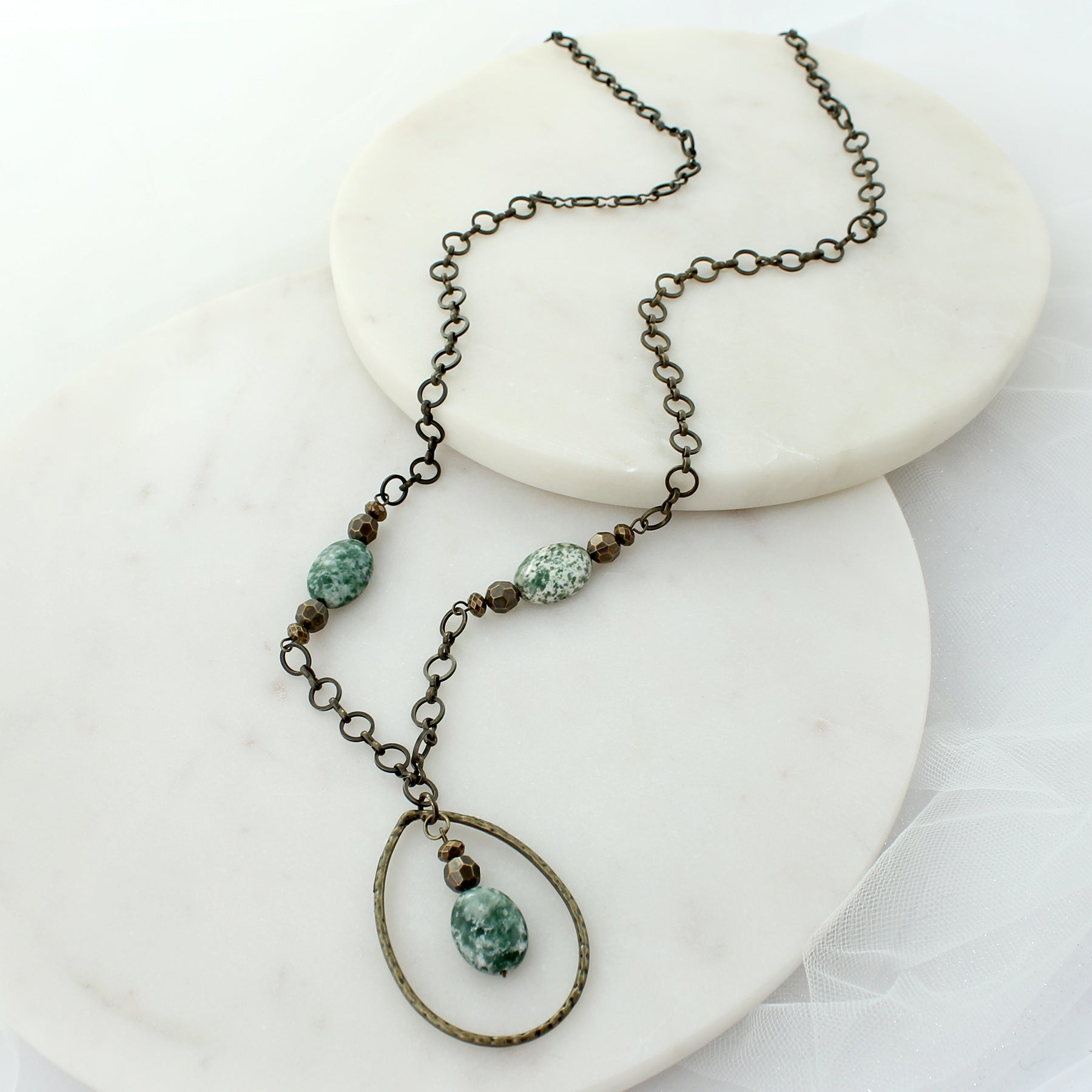 34” Green Stone & Vintage Bead Necklace w/Teardrop Pendant