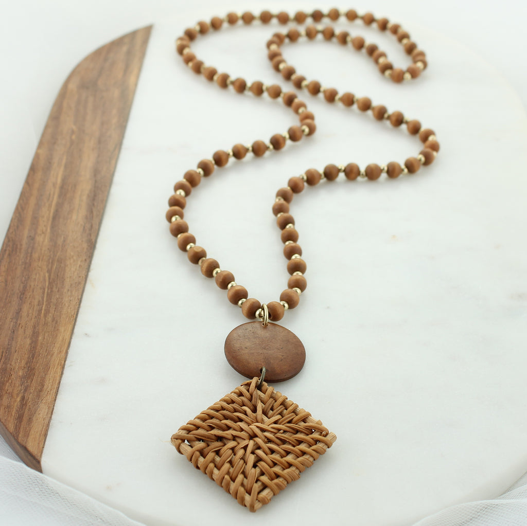 34” Wicker & Wood Bead Necklace