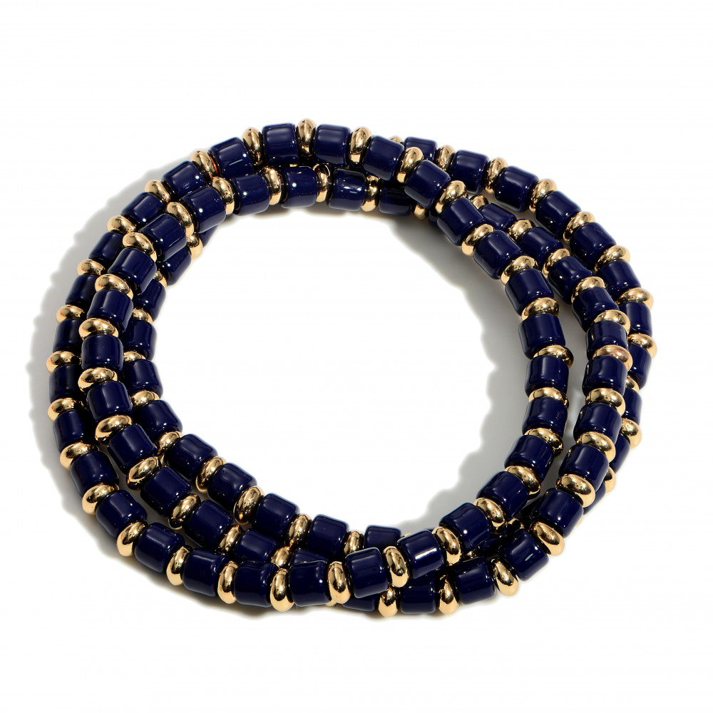 Navy and Gold Beaded Stretch Bracelet Trio - Fan Sparkle