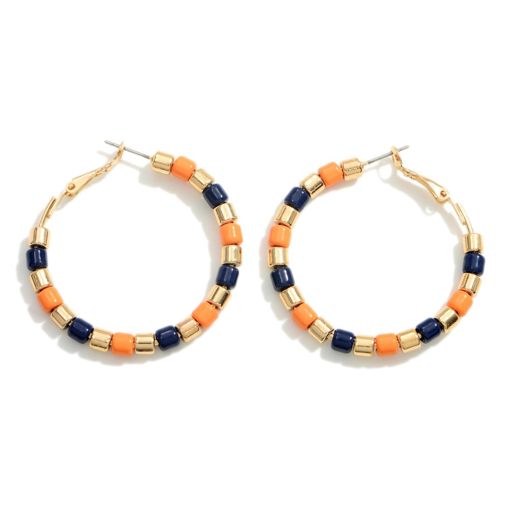 Navy & Orange Beaded Hoop Earrings - Fan Sparkle