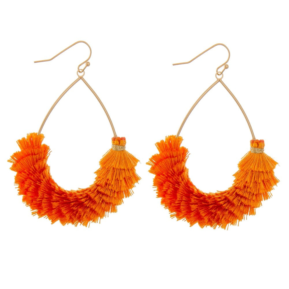 Orange Teardrop Fringe Tassel Earrings - Fan Sparkle