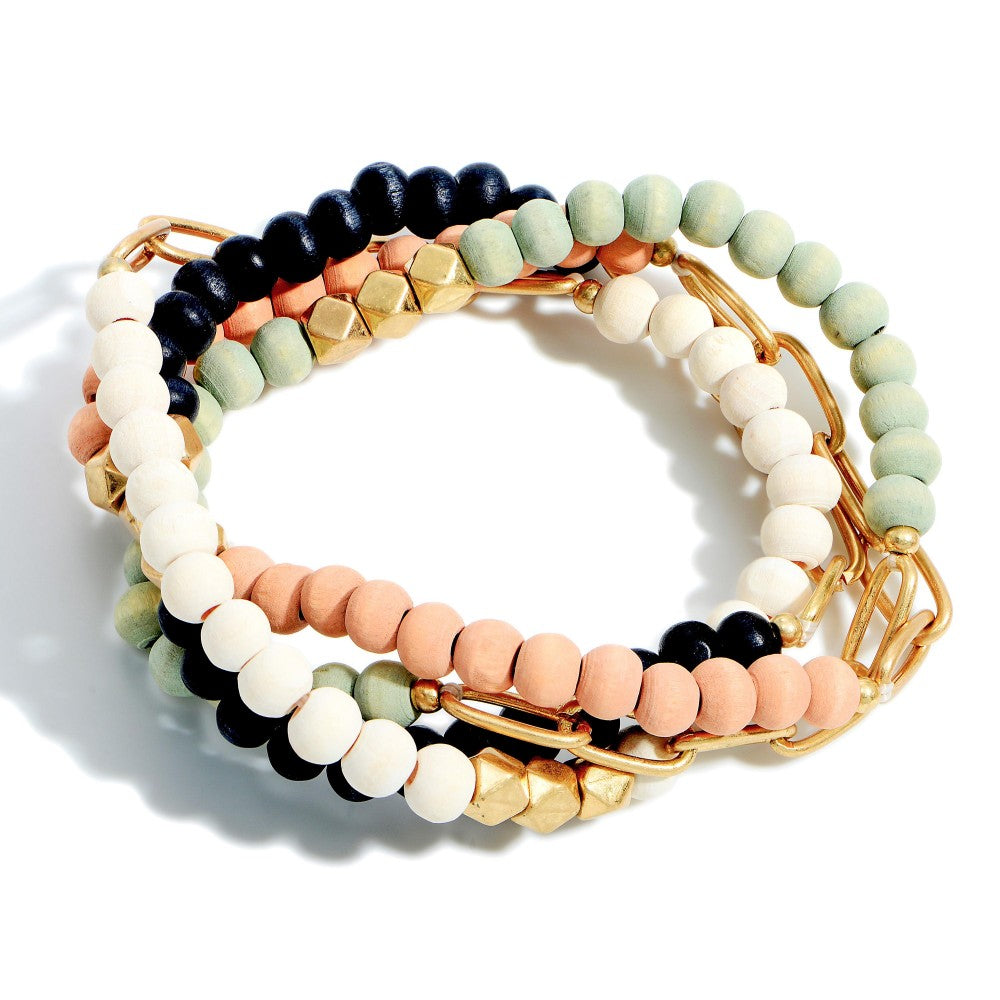 4 Multi Beaded Bracelets with Chain Accent - Fan Sparkle