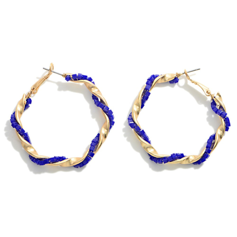 Royal Blue Twisted Bead Hoop Earrings - Fan Sparkle