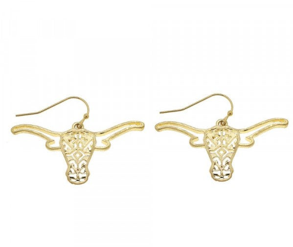 Filigree Steer Head Earrings - Fan Sparkle