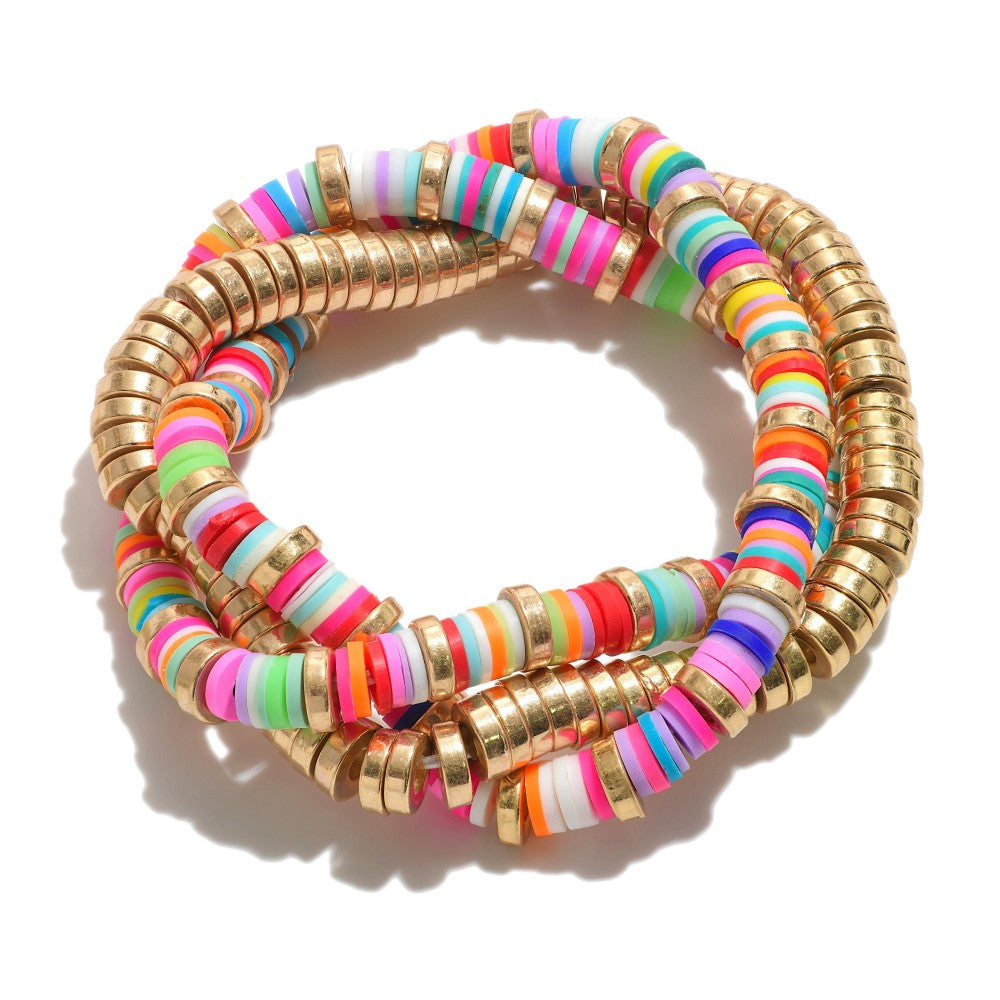 Multi Colored Triple Stretch Bracelet with Heishi & Metal Beads - Fan Sparkle