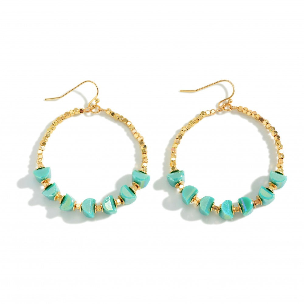 Turquoise & Gold Beaded Hoop Earrings - Fan Sparkle