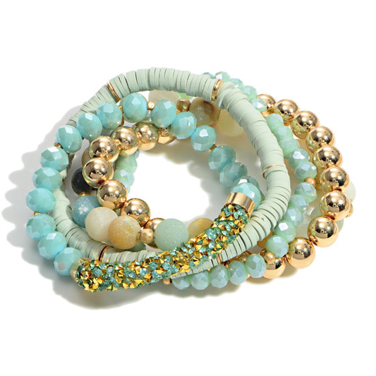 Turquoise Beaded Stretch Bracelet with Heishi, Glass & Rhinestone - Fan Sparkle