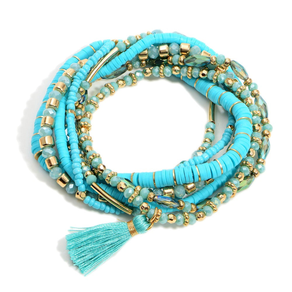 Turquoise Heishi Beaded Stretch Bracelet with Tassel - Fan Sparkle