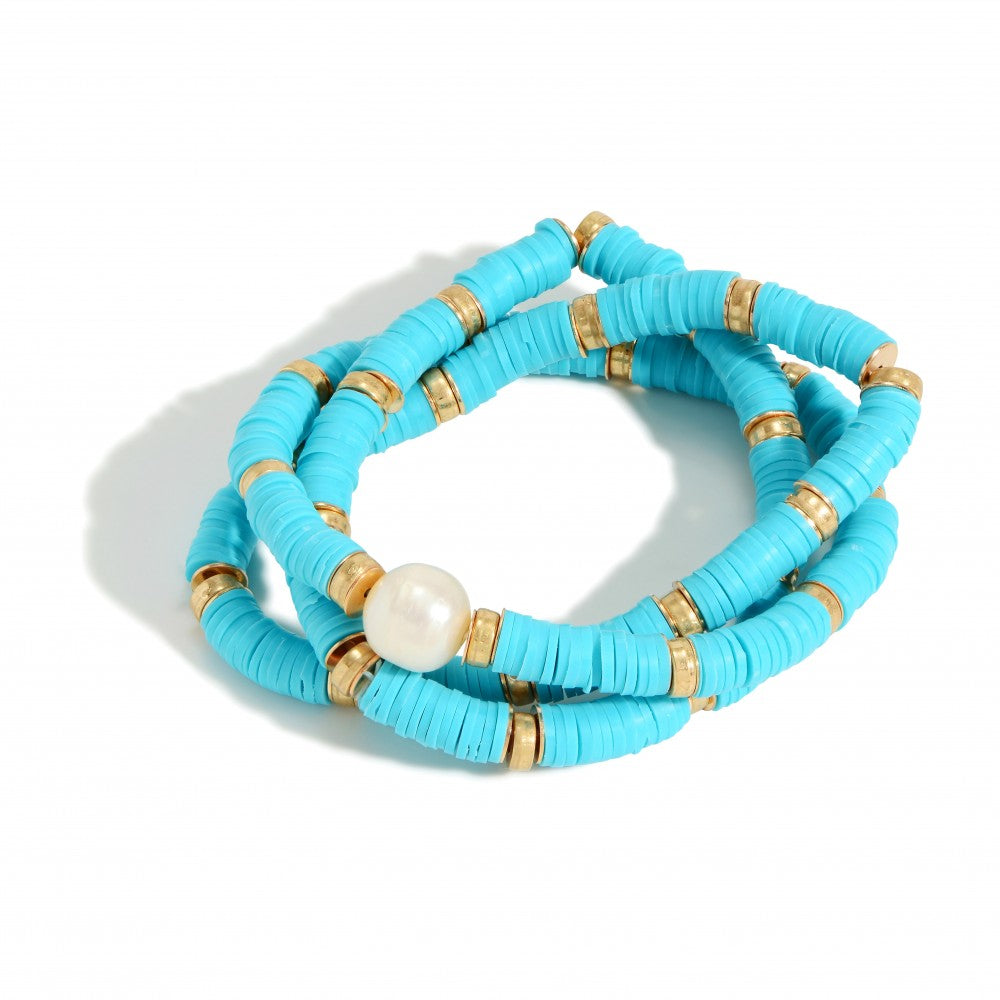 Turquoise Triple Stretch Bracelet with Heishi & Pearl - Fan Sparkle