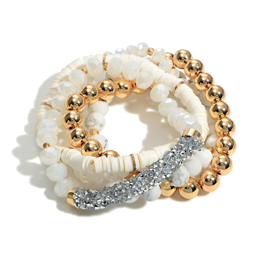 White Beaded Stretch Bracelet with Heishi, Glass & Rhinestone - Fan Sparkle