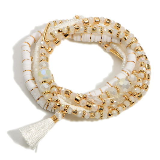 White Heishi Beaded Stretch Bracelet with Tassel - Fan Sparkle