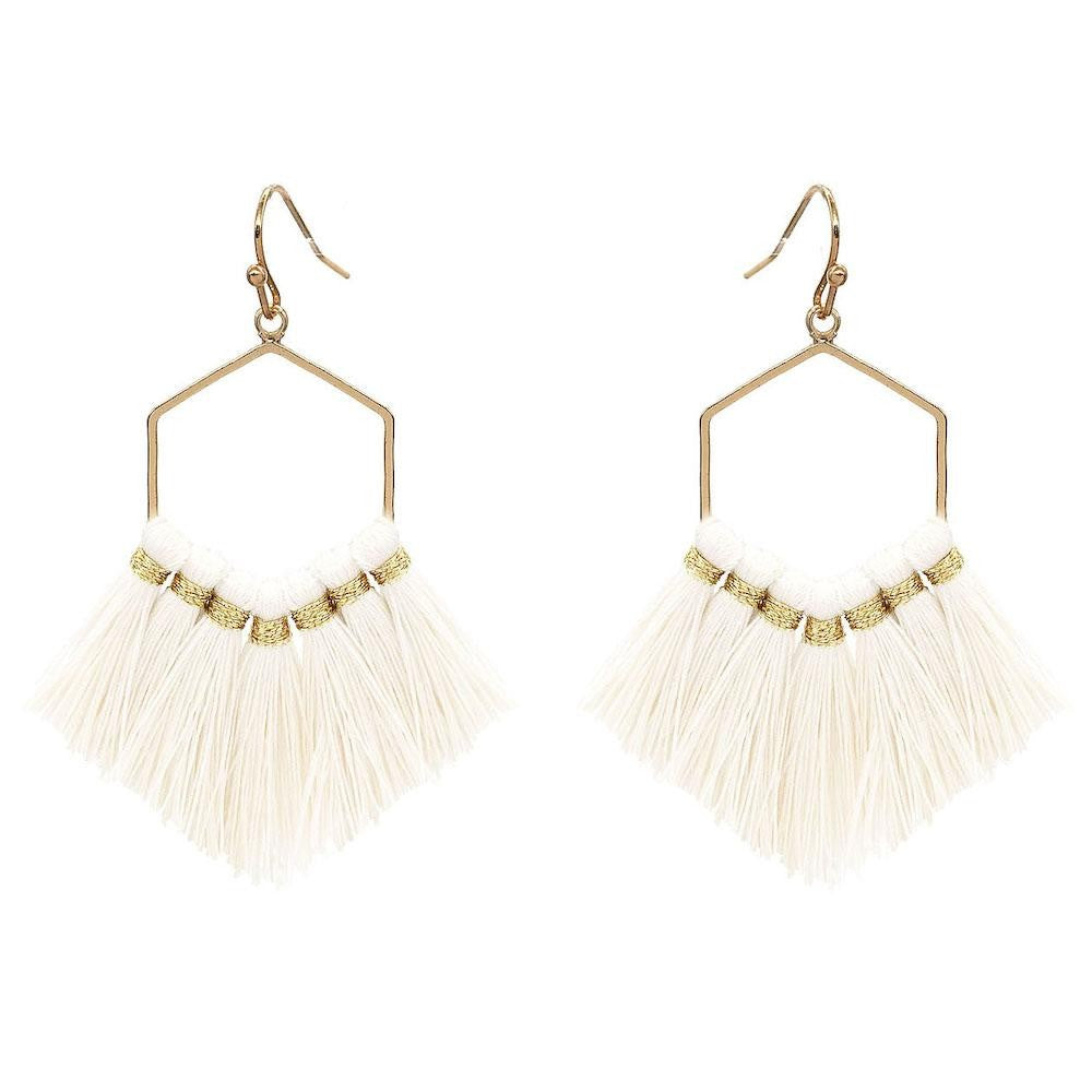 White Hexagon Fringe Tassel Earrings - Fan Sparkle