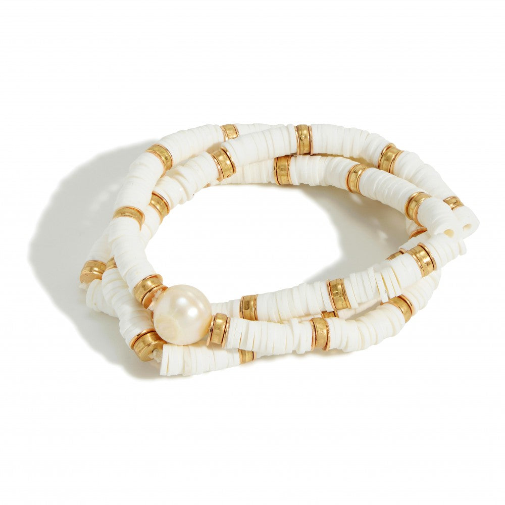 White Triple Stretch Bracelet with Heishi & Pearl - Fan Sparkle