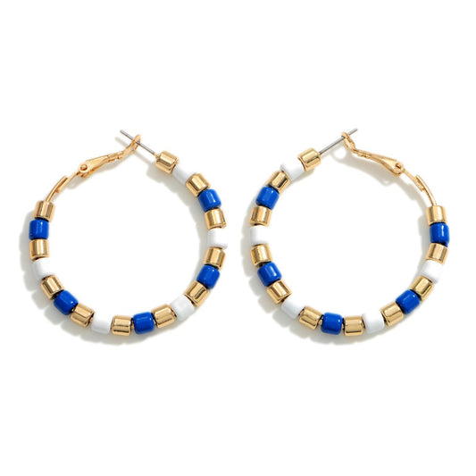 Blue & White Beaded Hoop Earrings - Fan Sparkle