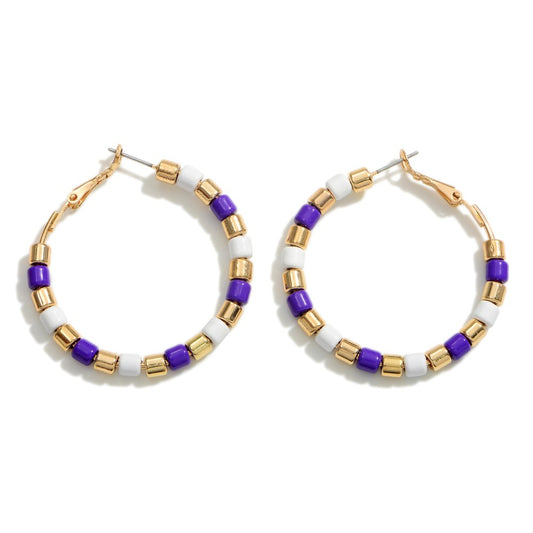 Purple & White Beaded Hoop Earrings - Fan Sparkle