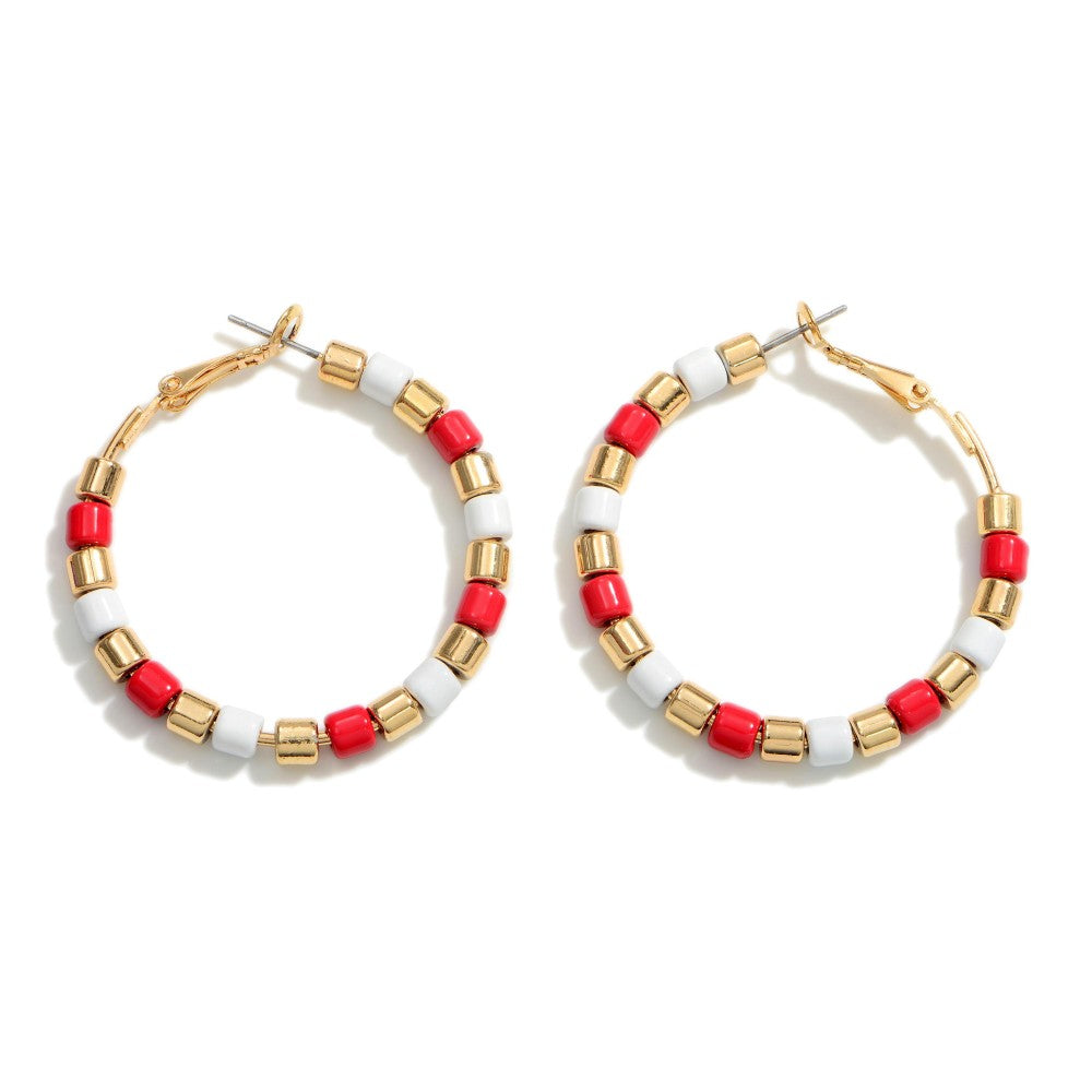 Red & White Beaded Hoop Earrings - Fan Sparkle