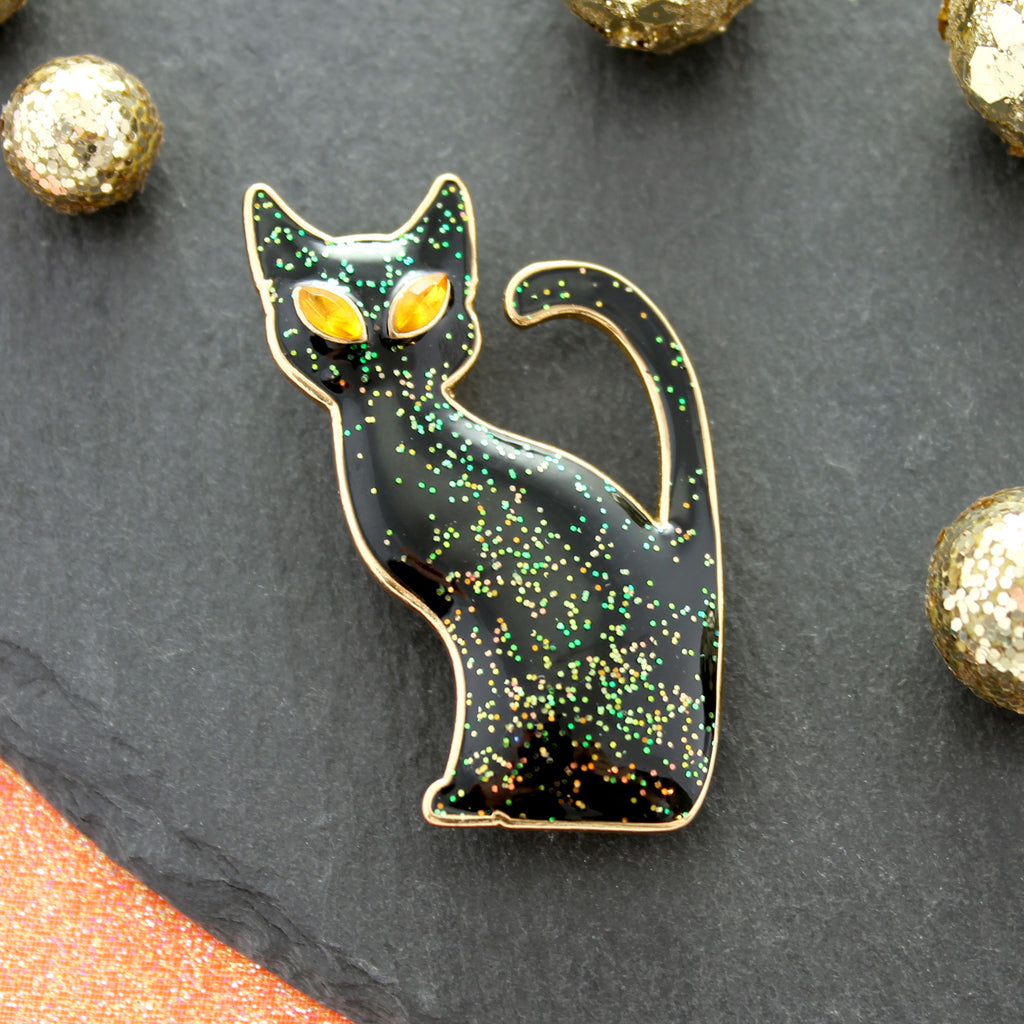 Glitter Enamel Black Cat Halloween Pin/Pendant