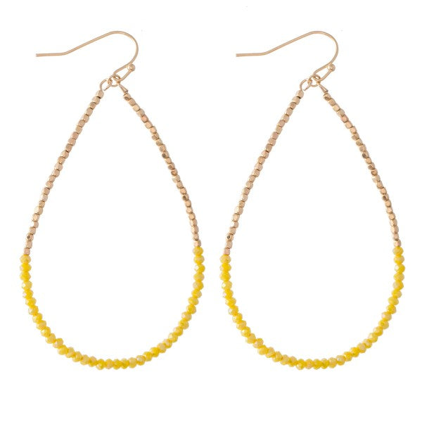 Yellow Dainty Beaded Teardrop Earrings - Fan Sparkle