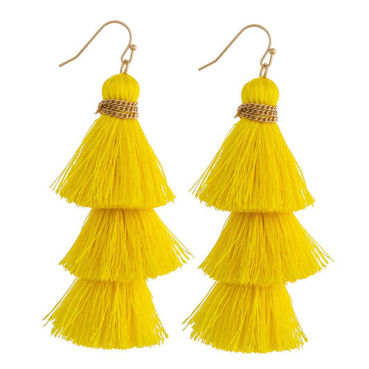 Yellow Triple Tassel Earrings - Fan Sparkle